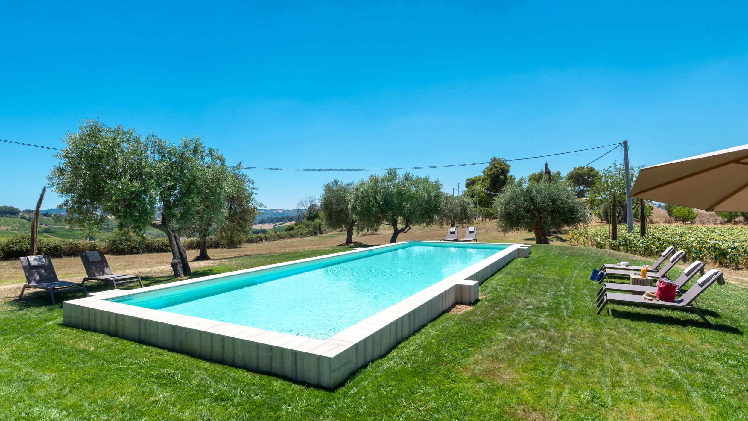 Une piscine rectangulaire bordée de béton, entourée d’une pelouse bien entretenue. On y trouve des chaises longues et un auvent sur le côté droit.