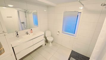 Shower, towels, soap, toilet paper