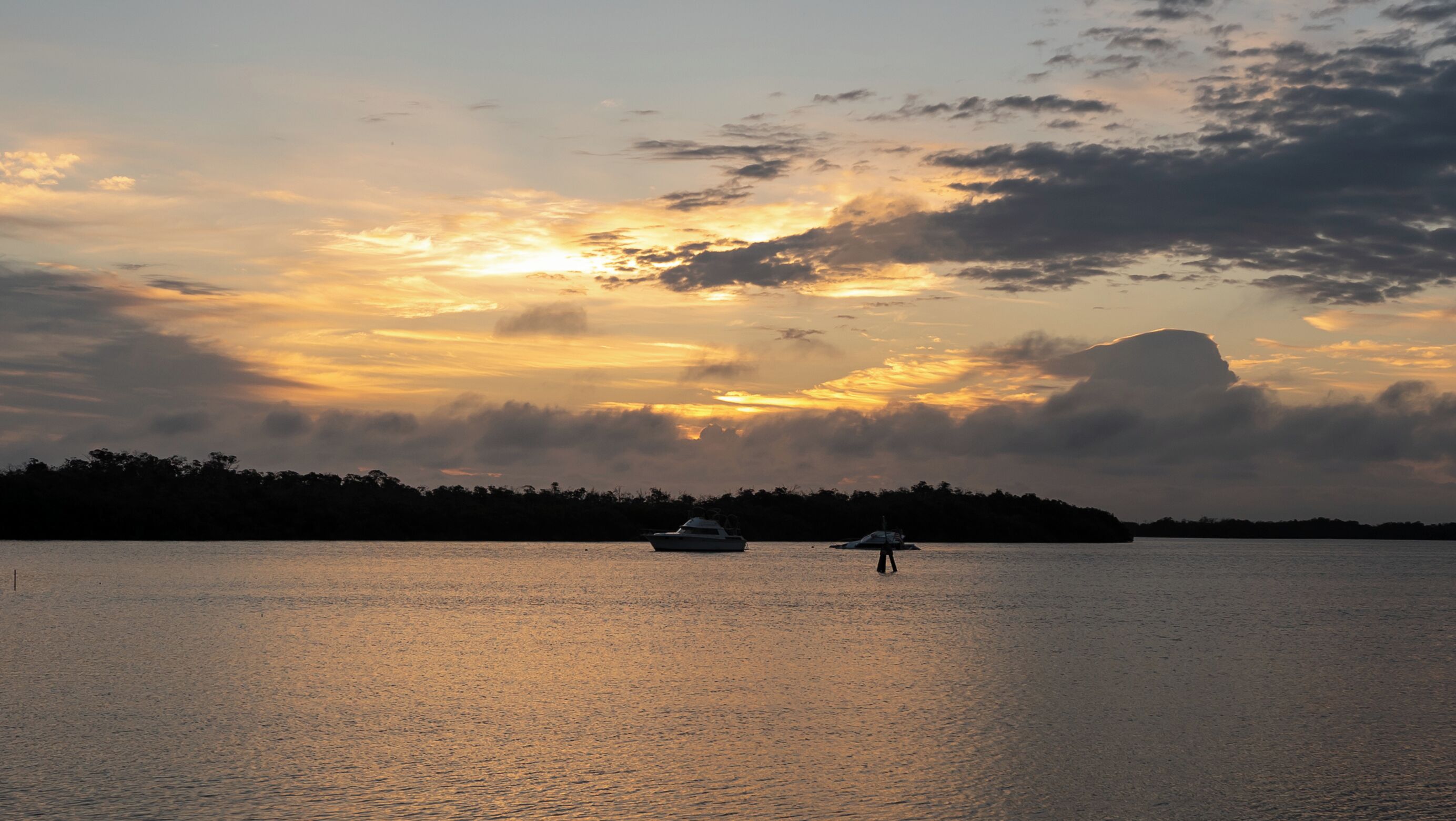 A calm body of water with a boat and a person in the distance, surrounded by a forested shoreline.