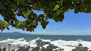 En strand med parasoller och människor som sitter under dem, en klar himmel och havet i bakgrunden.