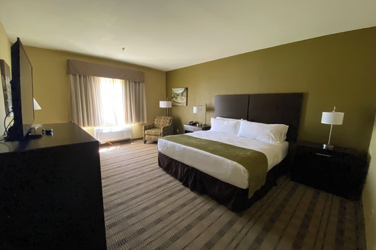 A hotel room with a large bed, a chair, a desk, and a lamp.