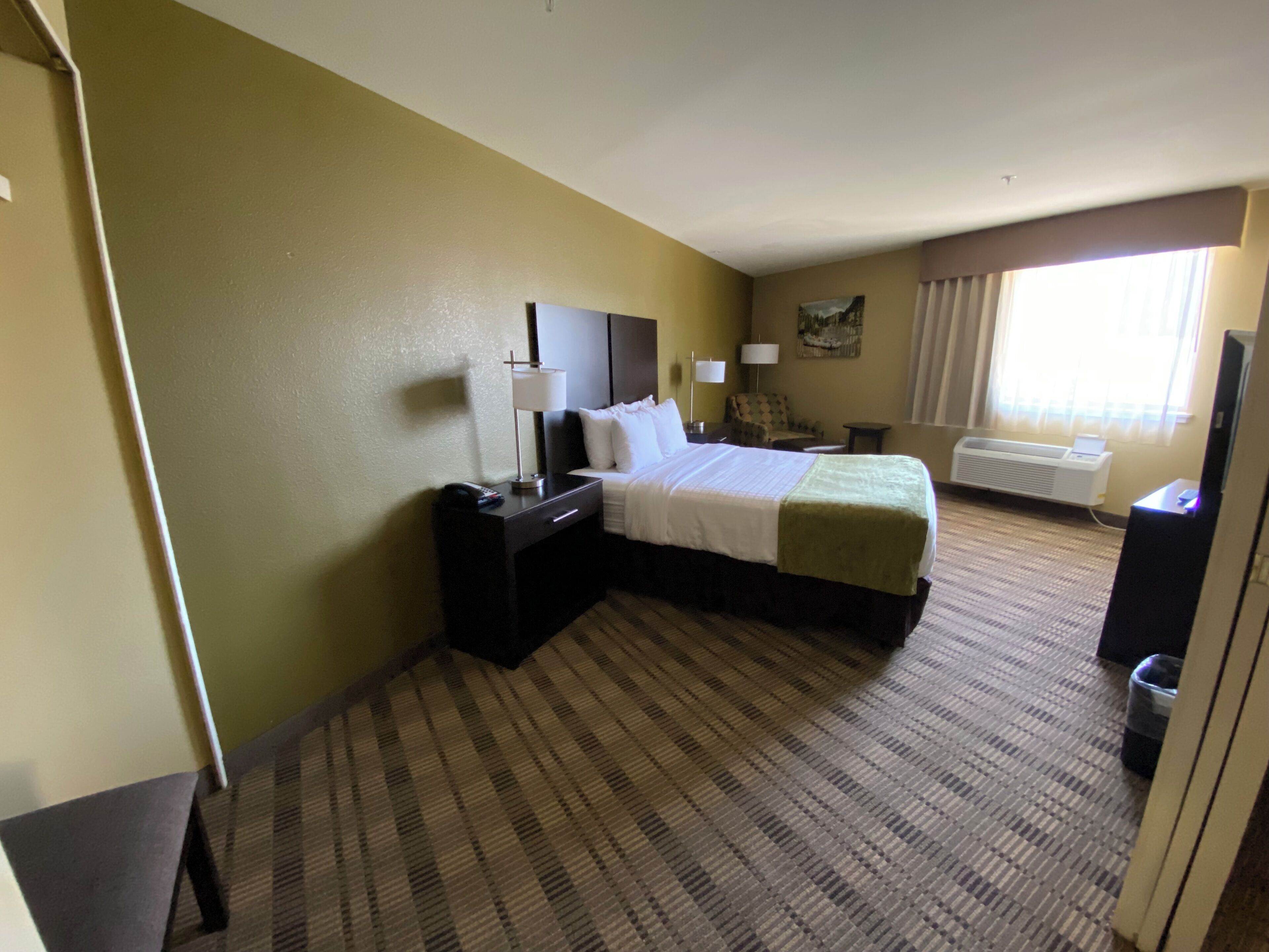 Habitación de hotel con cama, mesitas de noche, lámpara, silla, escritorio, televisor y ventana con cortinas.