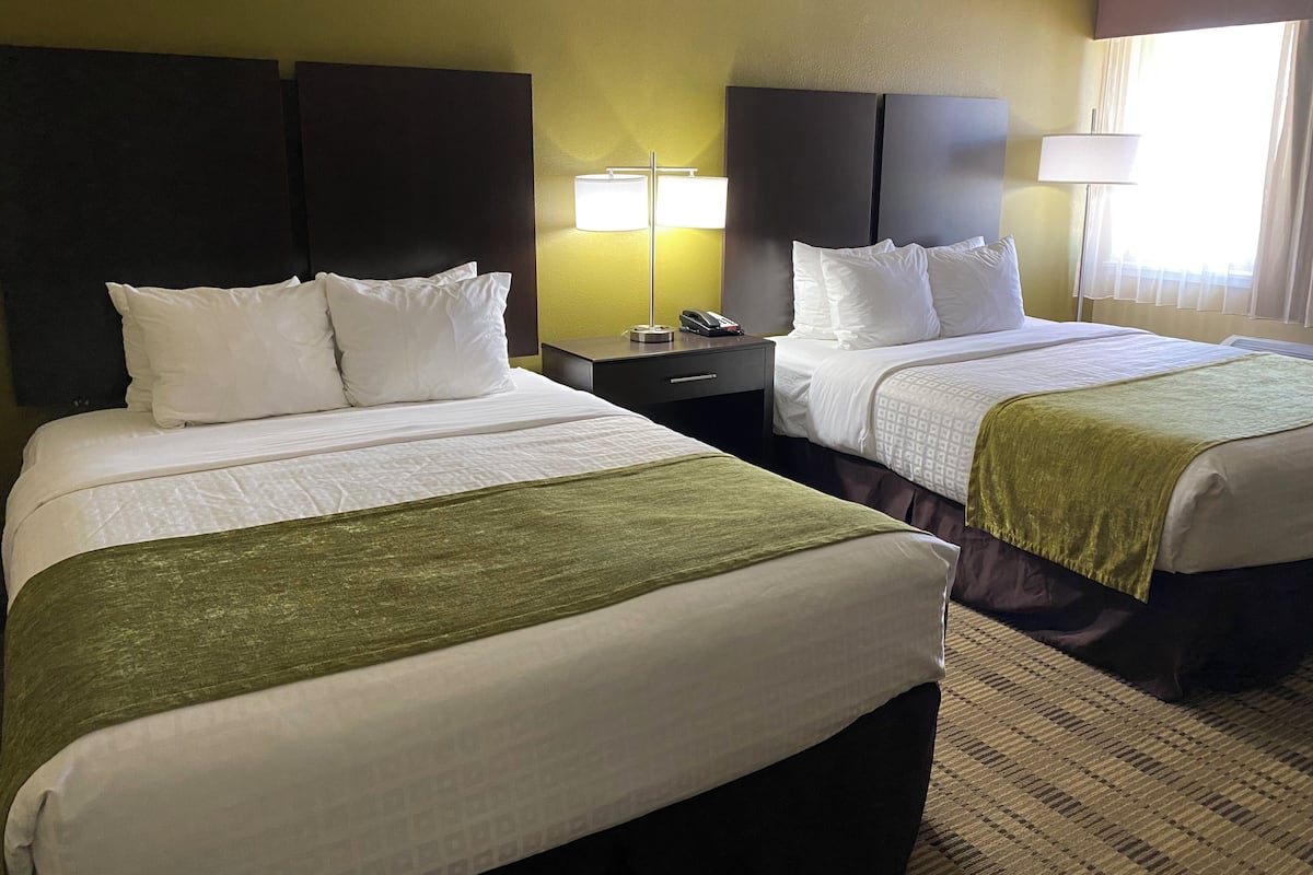 A hotel room with two beds, each with white bedding and a green throw. There are bedside tables with lamps and a phone. The room has a carpeted floor and a window with curtains.