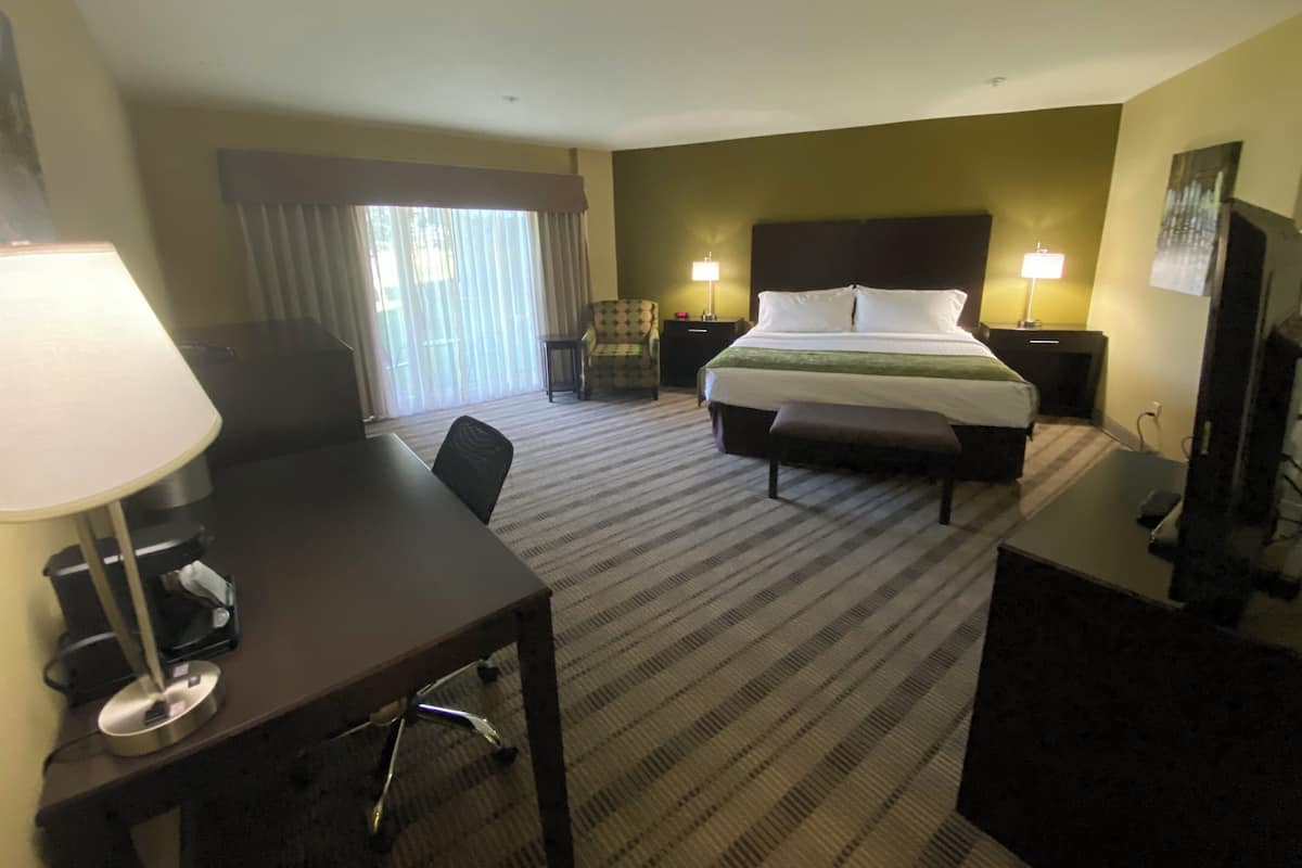 A hotel room with a bed, a desk, a chair, a TV, and a lamp.
