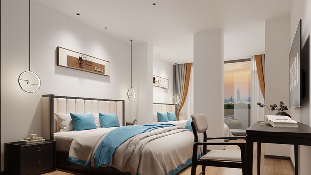 A modern bedroom with a large bed, bedside tables, a desk, and a view of a cityscape through a window. - Beijing Aaliyah Wang Fu Jing Forbodden City Boutique Hotel (Beijing)