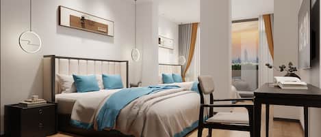 Hutong View Two Double Beds Quadruple Room with Balcony | Premium bedding, memory-foam beds, desk, blackout curtains