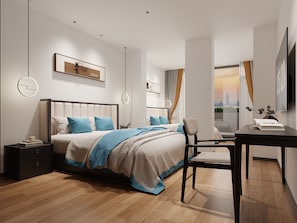 Ropa de cama de alta calidad, escritorio y cortinas blackout