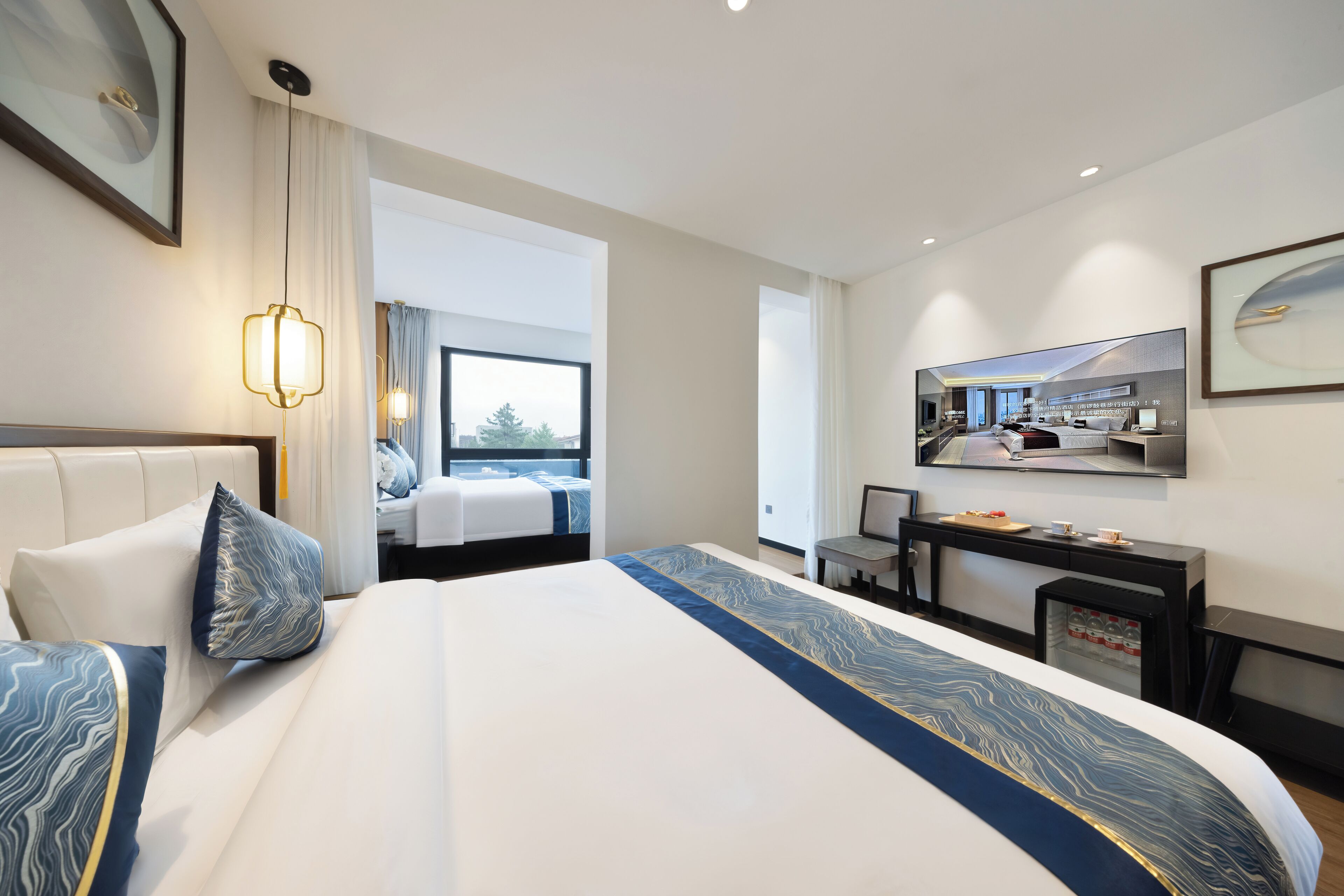 Hutong View Two Double Beds Quadruple Room with Balcony | Premium bedding, desk, blackout drapes, soundproofing