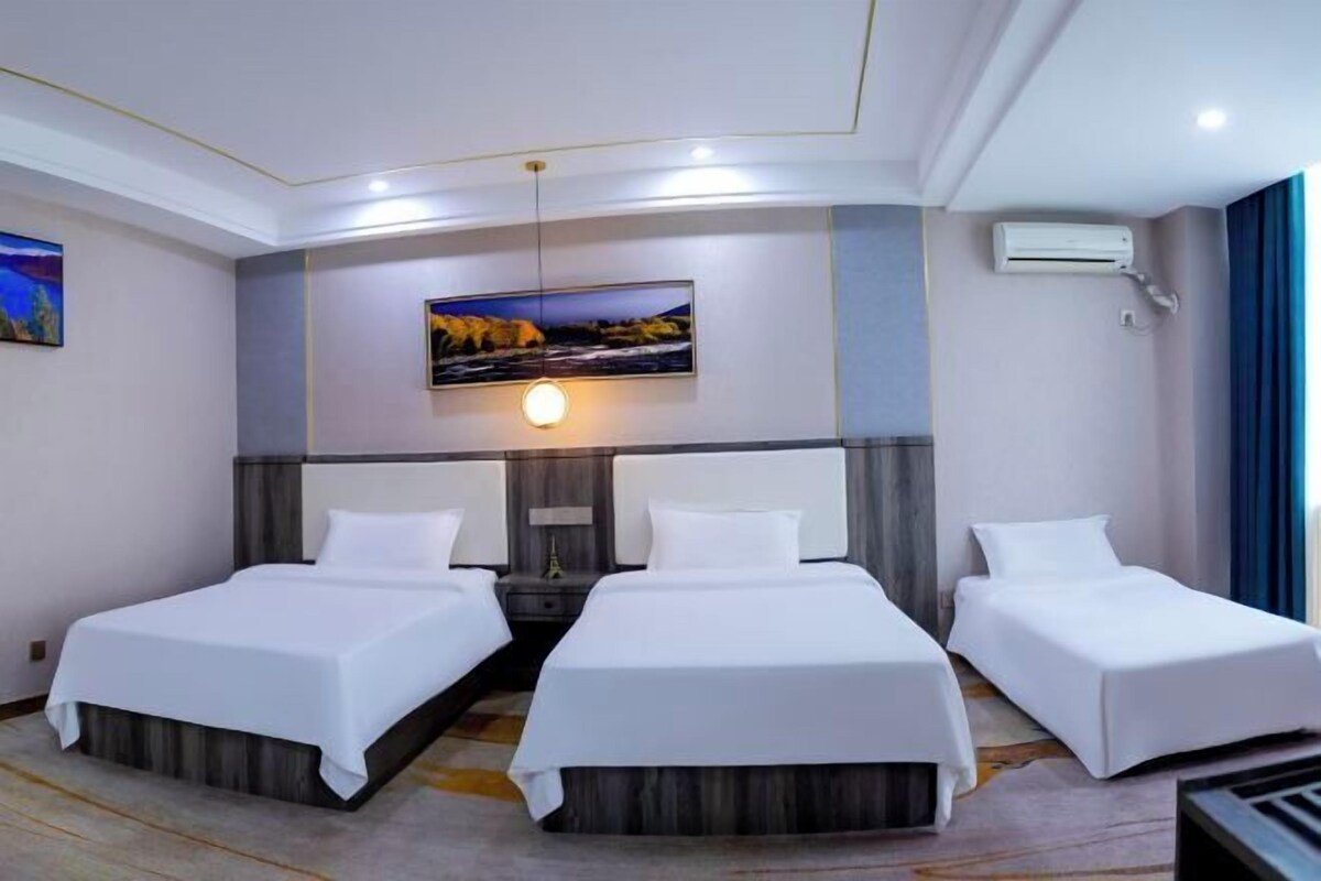 A hotel room with two beds, a painting on the wall, an air conditioning unit, and a night light.