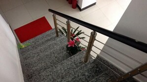 A staircase with a red carpet, metal railings, and potted plants.