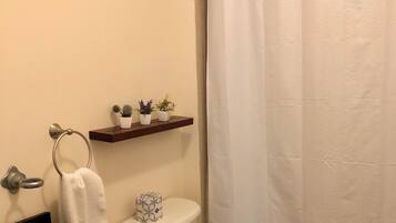 Secador de cabelo, toalhas de banho, sabonete, shampoo