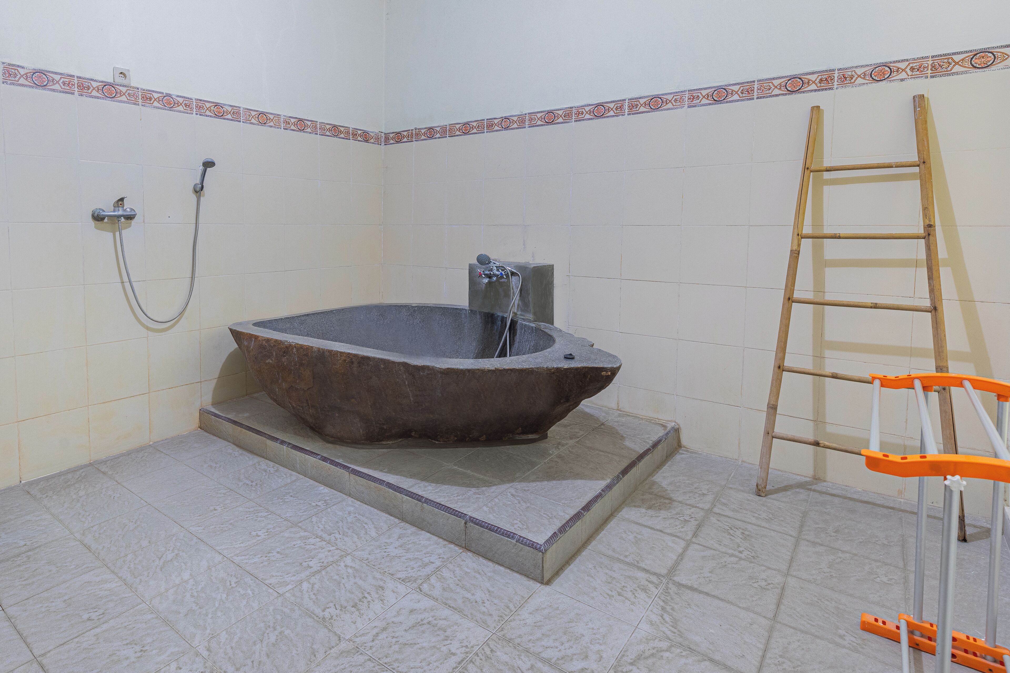 A bathroom with a freestanding bathtub, a showerhead, and a wooden ladder.