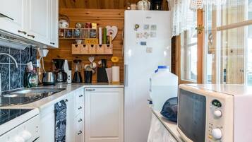 Fridge, microwave, dishwasher, cookware/dishes/utensils