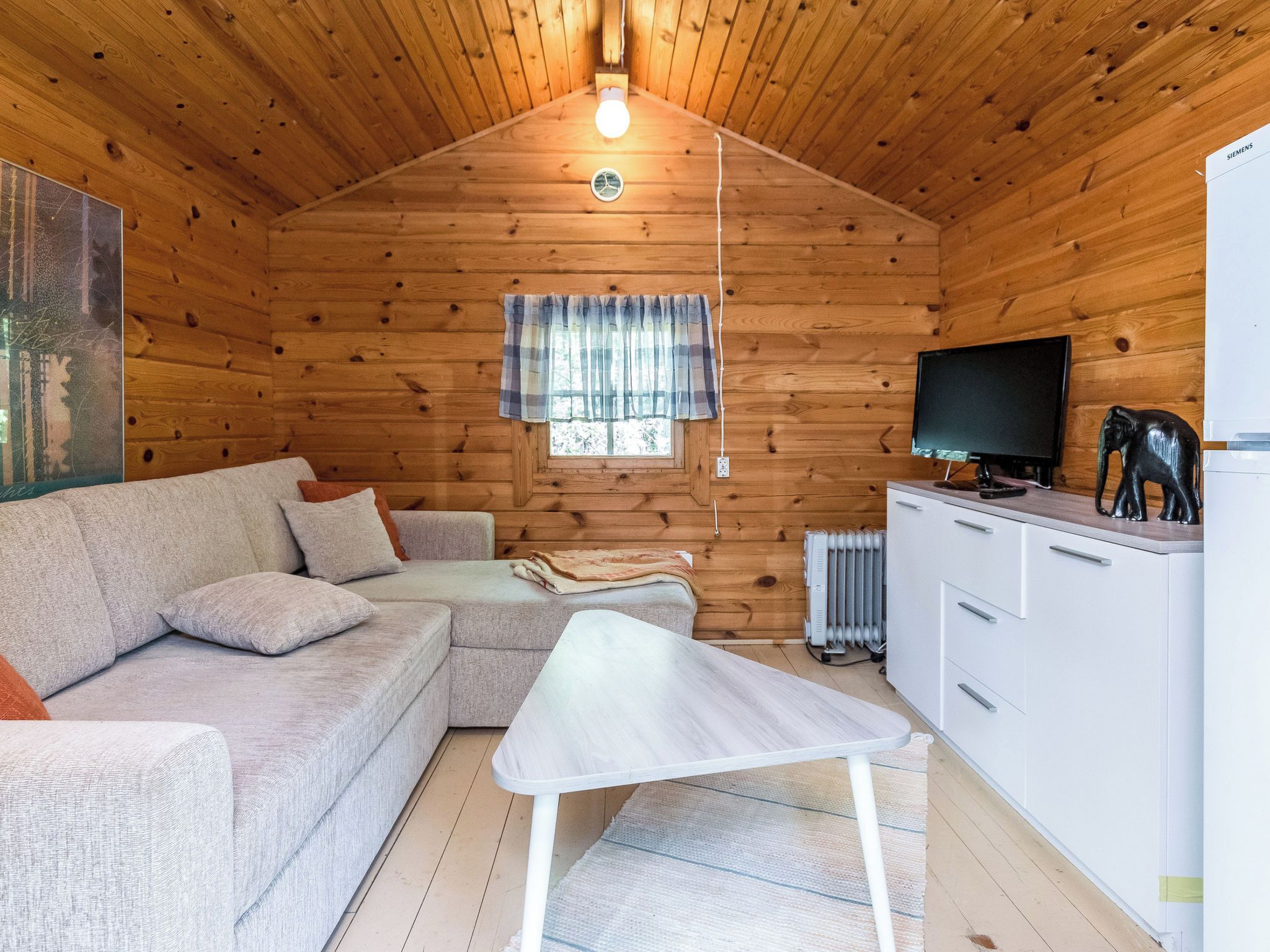 Een gezellig chaletinterieur met een bank, een klein tafeltje, een televisie en een radiator.