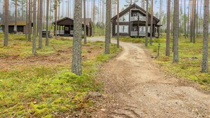 Une cabane accessible par un sentier de terre, entourée de grands pins.