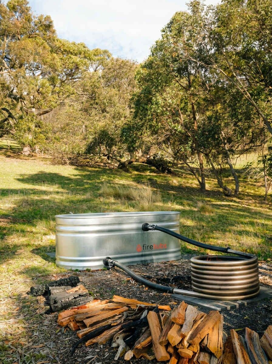A metal container with a hose, logs, and a fire pit in a grassy outdoor setting.