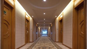 A hotel hallway with wooden doors, a patterned carpet, and recessed lighting. - Vienna Hotel (Foshan Qiandeng Lake) (Foshan)