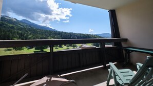 Un balcón con vista a una cadena montañosa boscosa y un cielo despejado.