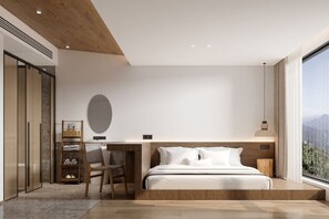 A modern bedroom with a bed, desk, and chair, a large window with a view, and a wooden ceiling. - Bozun Hotel Chongqing University City (Chongqing)
