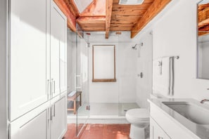 Shower, hair dryer, shampoo