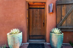 Une porte en bois avec une poignée en métal, flanquée de deux grands pots de plantes.
