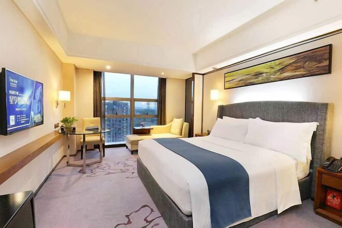 A hotel room with a large bed, a desk, a chair, a TV, and a window with a city view.