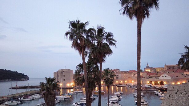 A marina with numerous boats docked, surrounded by palm trees and historic buildings. - Dubrovnik Cozy central Studio with street View (Dubrovnik)