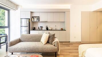 1 chambre, bureau, fer et planche à repasser, lit parapluie