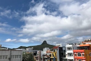 Un paisaje urbano con edificios coloridos y una montaña destacada al fondo.