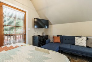 TV, fireplace, books, offices