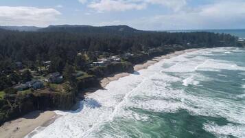 Une zone côtière comprenant une plage, des vagues et une colline boisée.