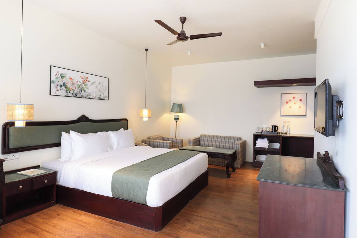 A hotel room with a large bed, a desk, a chair, a television, and artwork on the walls.