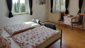 A bedroom with a bed, two chairs, a table, and two windows with curtains. - Apartment 'Giesis Wohlfühloase' with Shared Terrace, Private Garden and Wi-Fi (Döbeln)