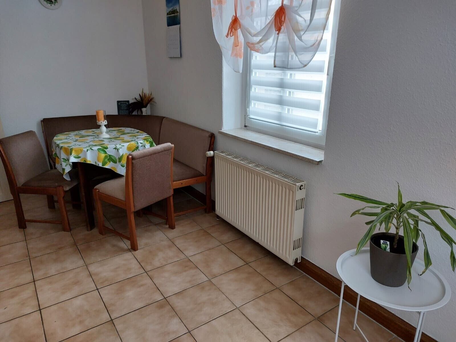 Ein Zimmer mit Esstisch, Stühlen, Heizkörper, einem Fenster mit Vorhängen und einer Topfpflanze.