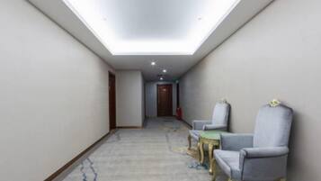 A hotel hallway with a skylight, a carpeted floor, and two armchairs.