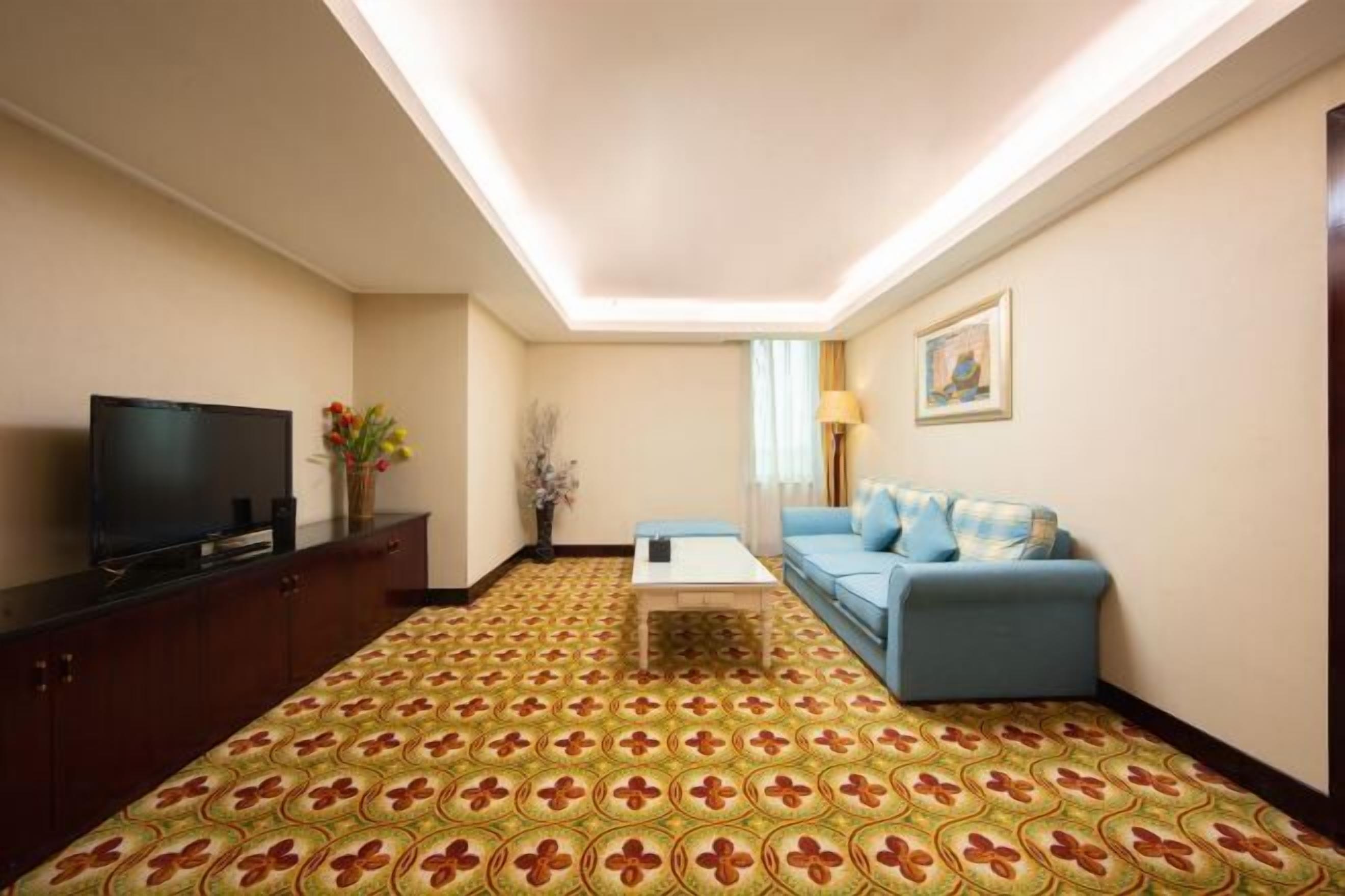 Una habitación de hotel con televisión de pantalla plana, un sofá, una mesita de café y una alfombra estampada.