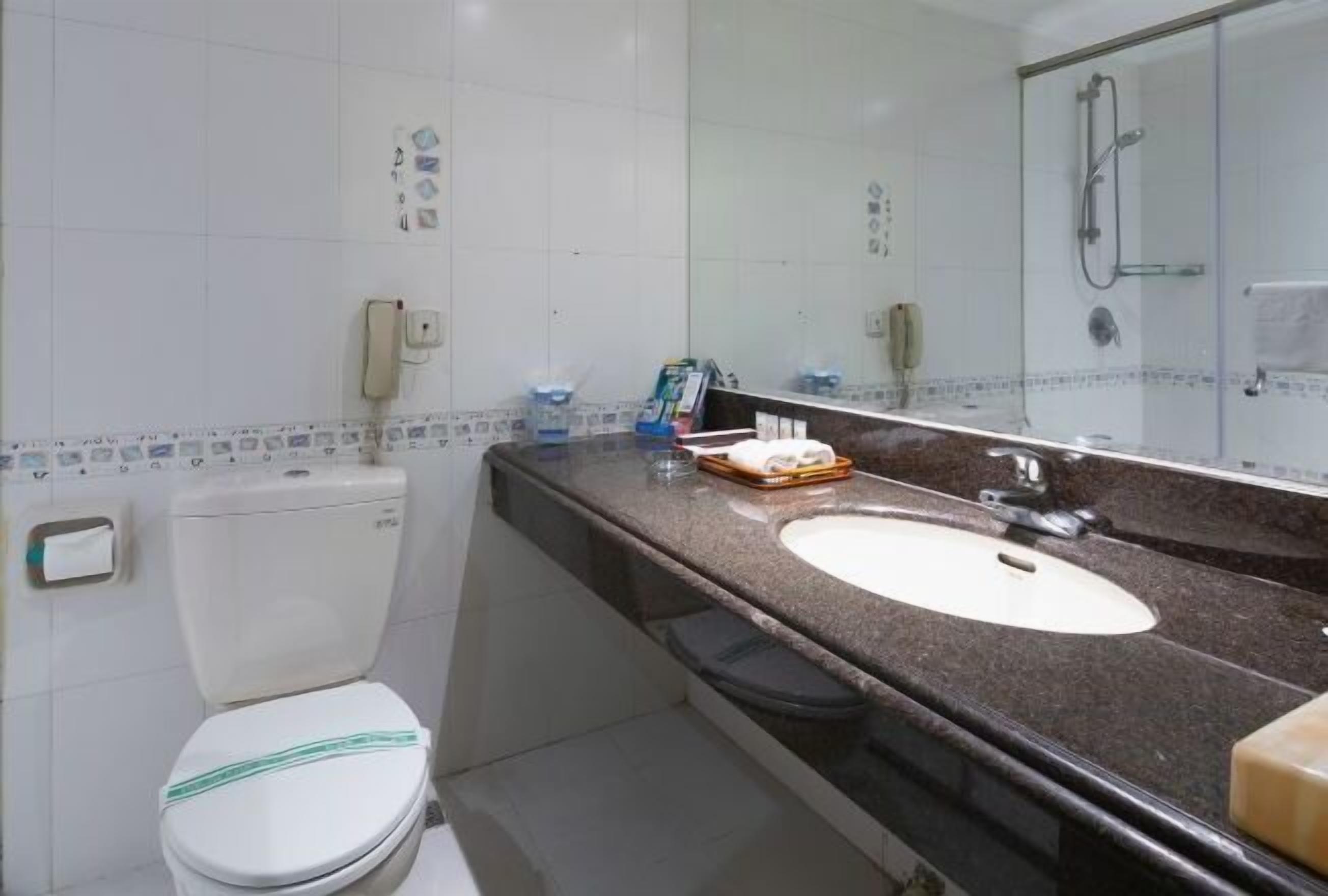 A bathroom with a white toilet, a sink with a mirror, and a shower area.