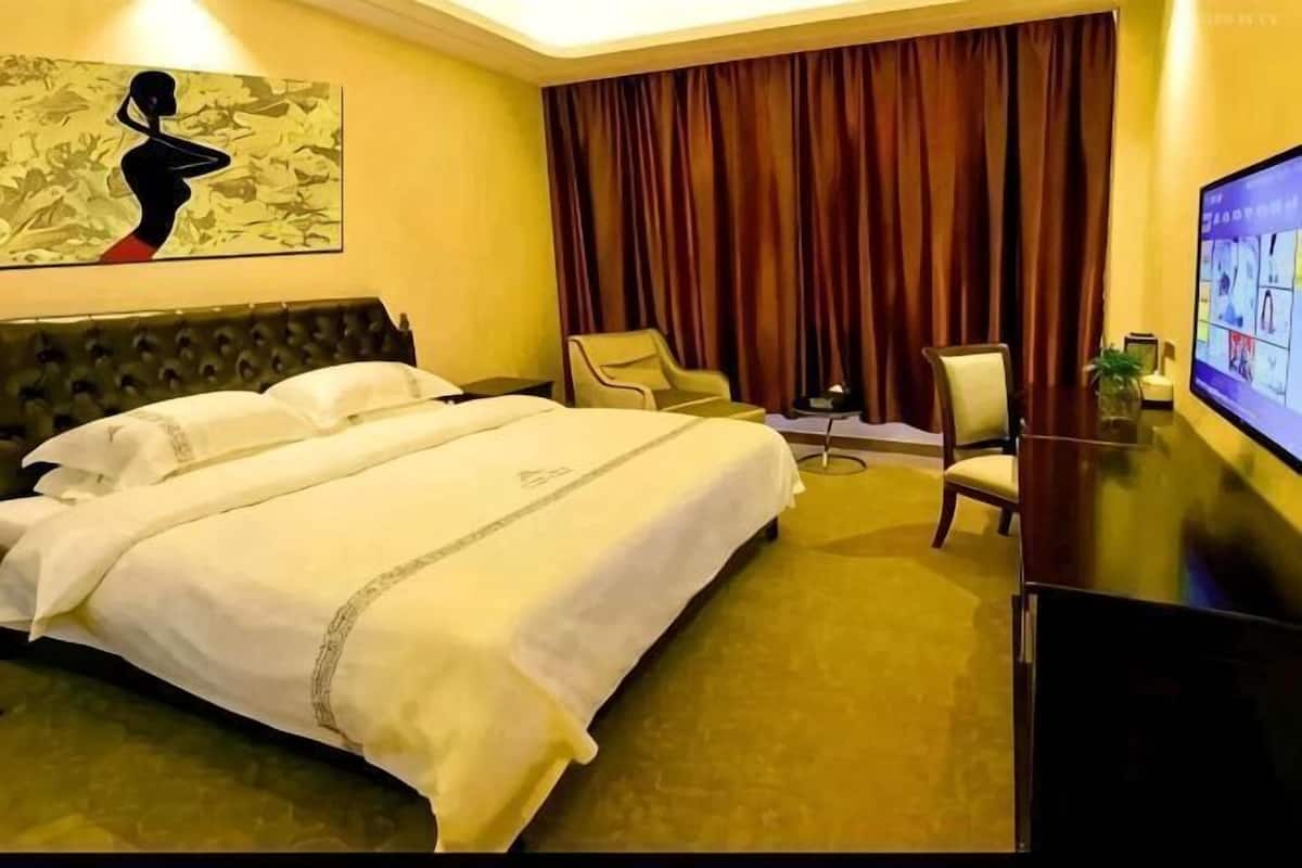 A hotel room with a large bed, two chairs, a desk, and a TV.
