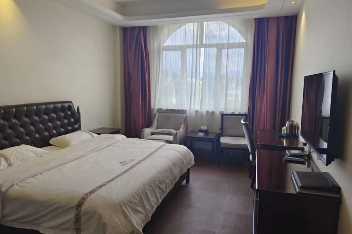 A hotel room with a large bed, a desk with a chair, a television, and a window with curtains.