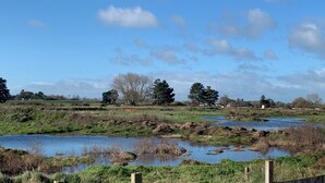 Paisaje rural con río, árboles y una valla.
