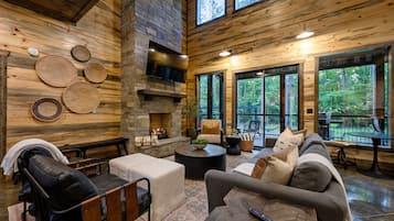 Smart TV, fireplace, foosball