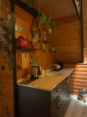 Mini-Kühlschrank, Herdplatte, Kochgeschirr/Geschirr/Besteck