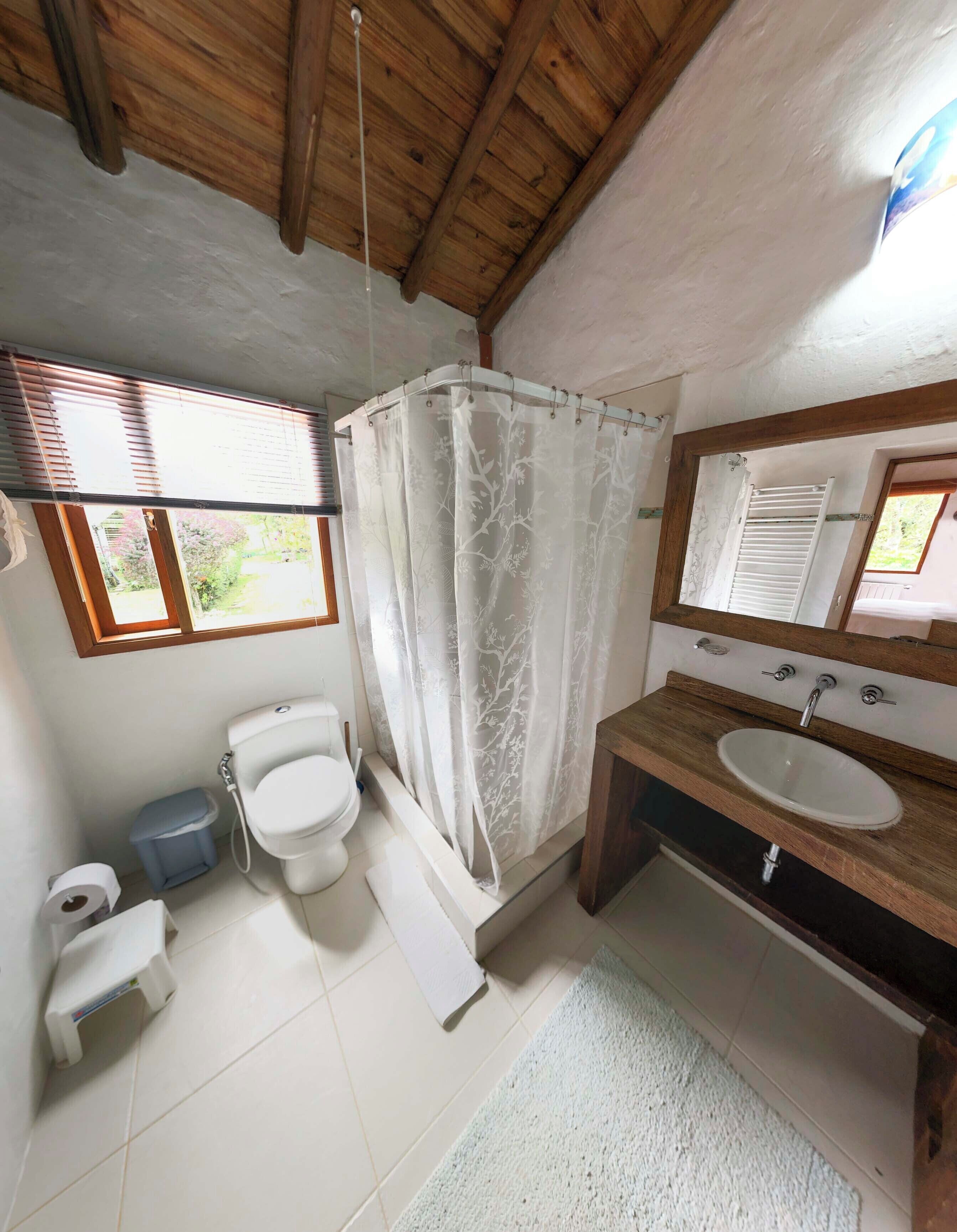 A bathroom with a toilet, sink, and shower curtain.