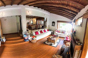 Smart TV, fireplace, books, stereo