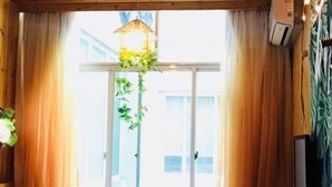 Una habitación con un gran ventanal, cortinas, una planta colgante y un aire acondicionado de pared.