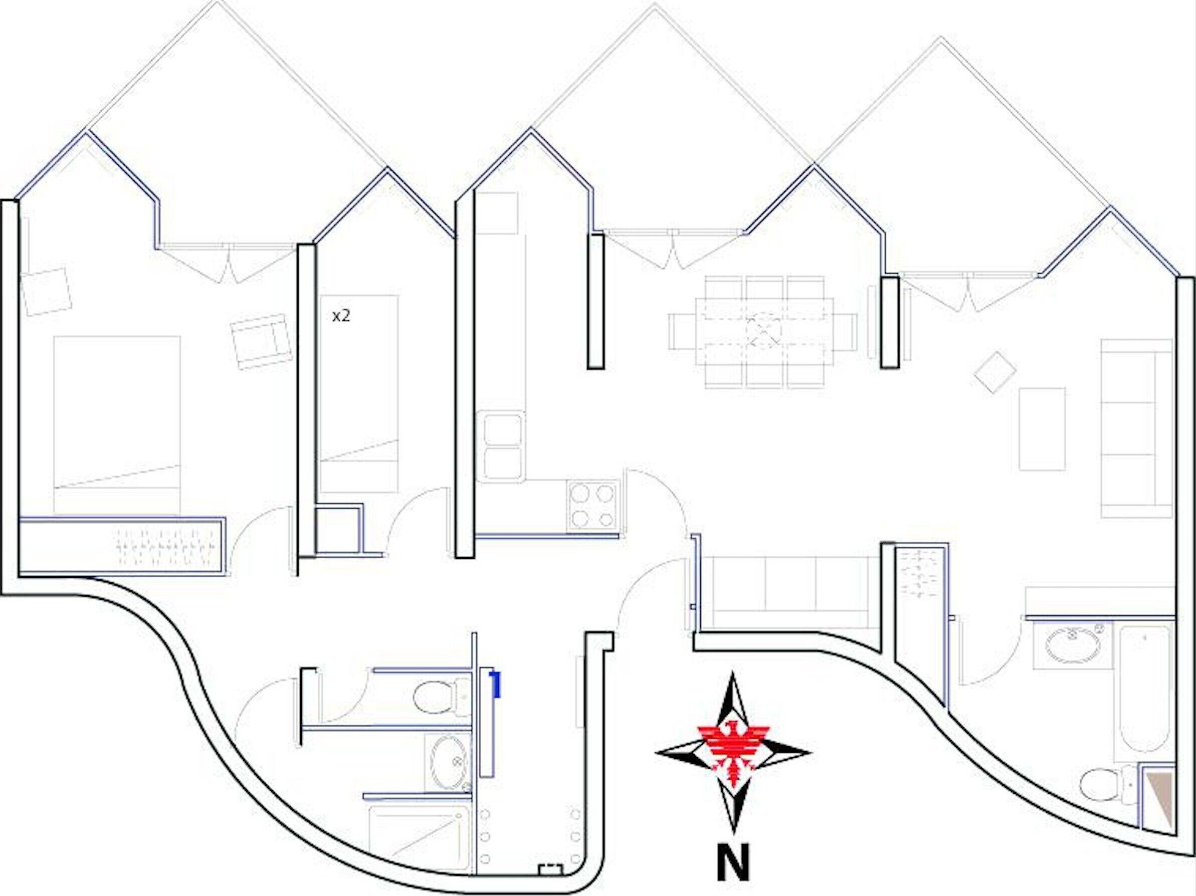A floor plan of a hotel with multiple rooms, a dining area, and a kitchen.