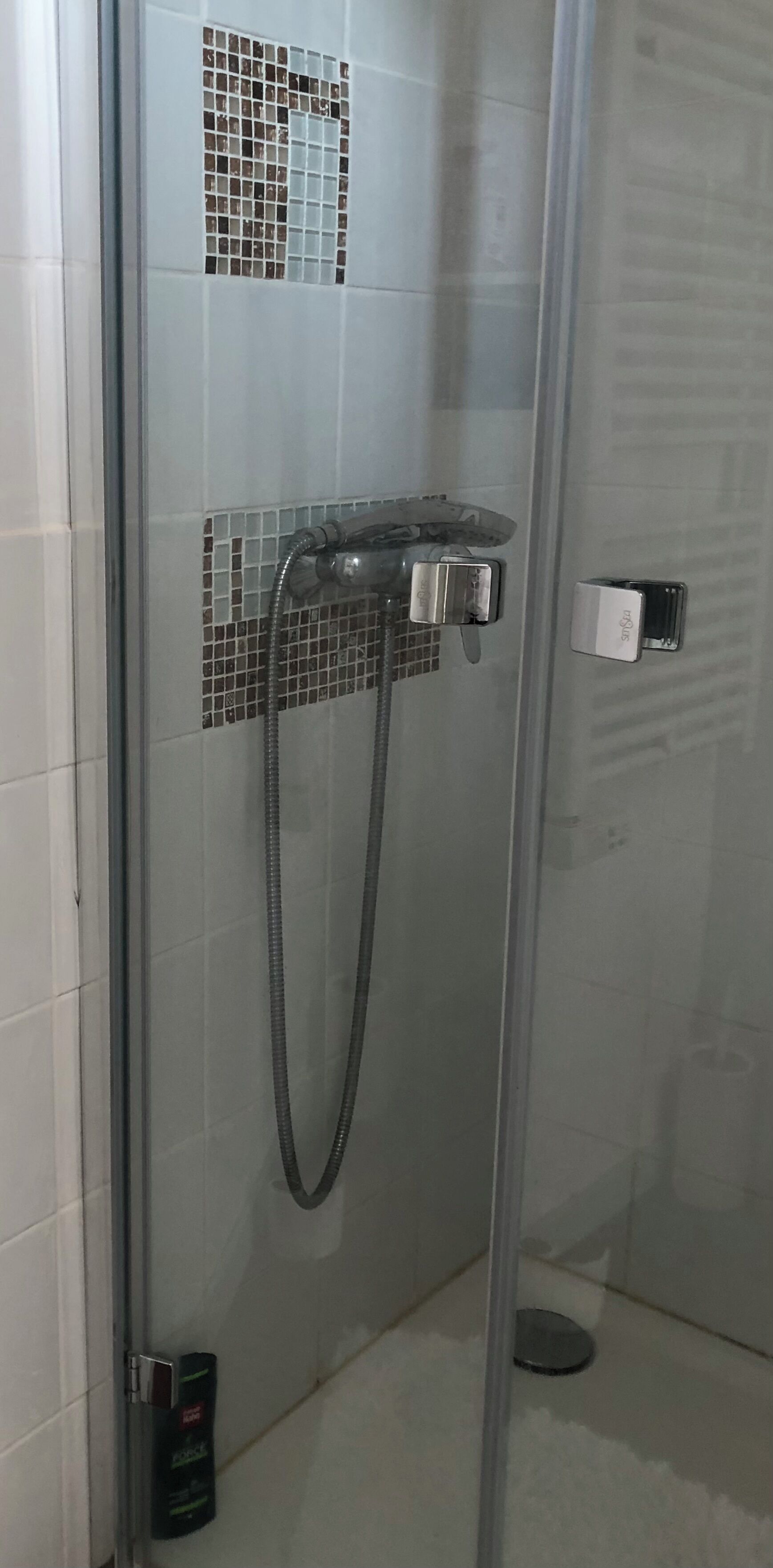 Une douche fermée par des parois en verre, dotée d’un pommeau de douche à main et d’un panneau de commande fixé au mur.