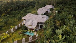 Un bungalow à toit de chaume, niché dans un jardin tropical luxuriant, entouré d’une végétation dense et d’une piscine.