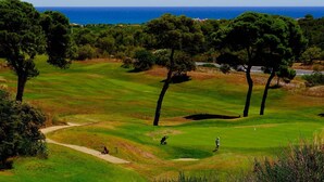 Een golfbaan met een helder uitzicht op de oceaan op de achtergrond.