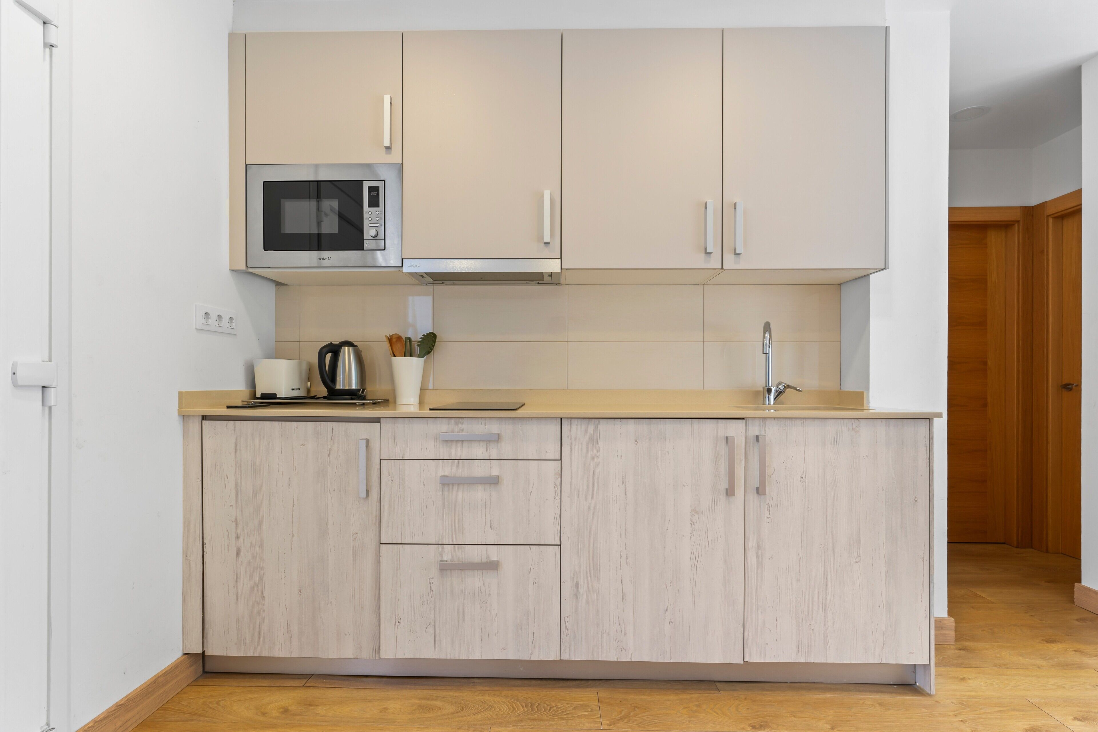 Microwave, stovetop, electric kettle, toaster